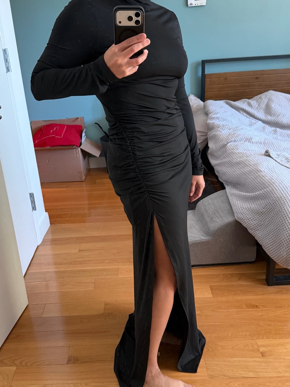 Commense Black Long Sleeve Ruched Maxi Dress with Front Slit